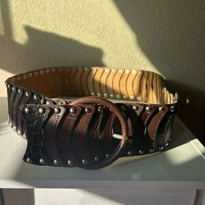Brown and Black Leather Belt with Silver Accents